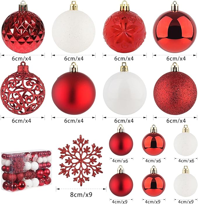 SY CRAFT 86 Pieces of Assorted Shatterproof Christmas Ball Snowflake Ornaments Seasonal Decorative Hanging Ornament Set with Hand-held Gift Package for Xmas Tree Decorations (86PCS, Red)