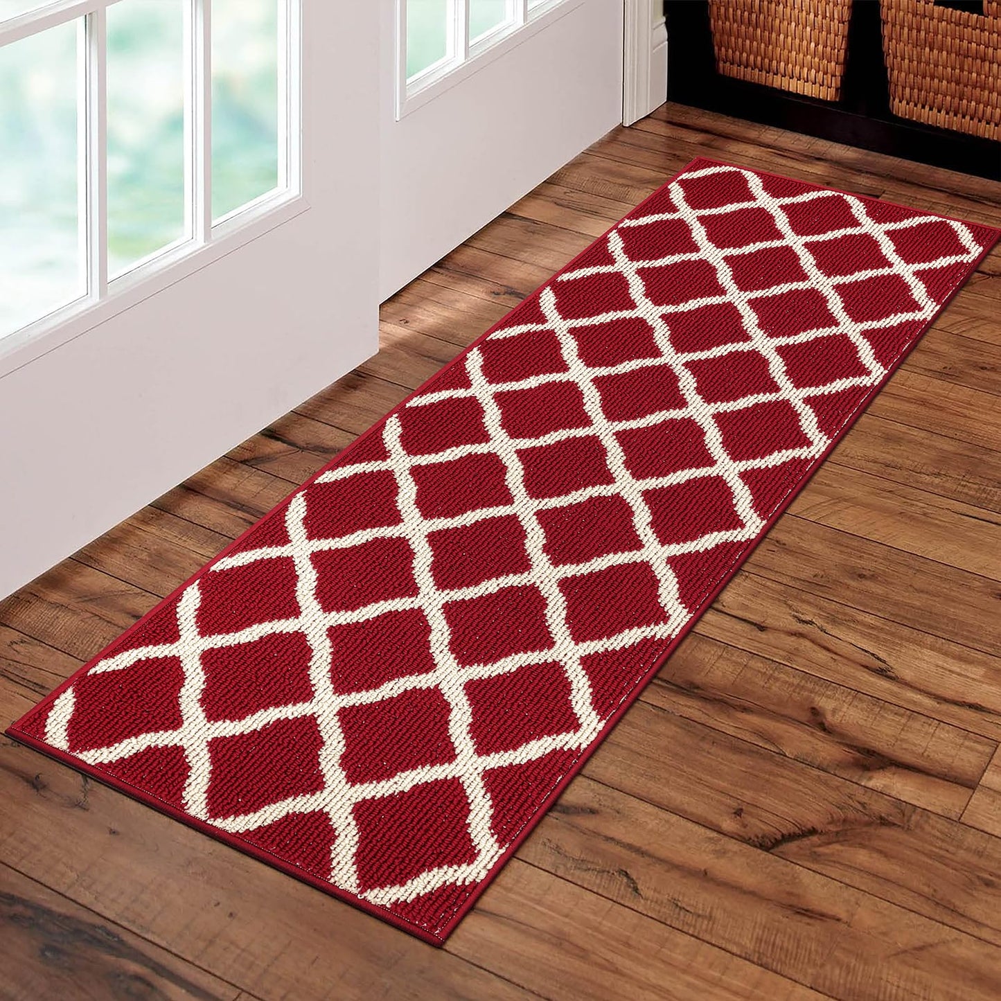 SHACOS Hallway Runner Rug 2x8 ft Washable Christmas Kitchen Runner Rugs Non Slip Rubber Backing Rug Runner Entryway Runner Laundry Room Floor Mat Trellis Carpet Runners, Red