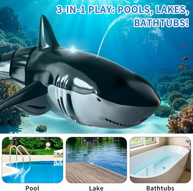 2.4GHz Remote Control Shark Toy for Pool 1:18 Scale High Simulation RC Shark with Light &amp Spray Water Electric Remote Controlled Swimming Water Pool Toys for 4 5 6 7 Year olds Kid Boys Girls