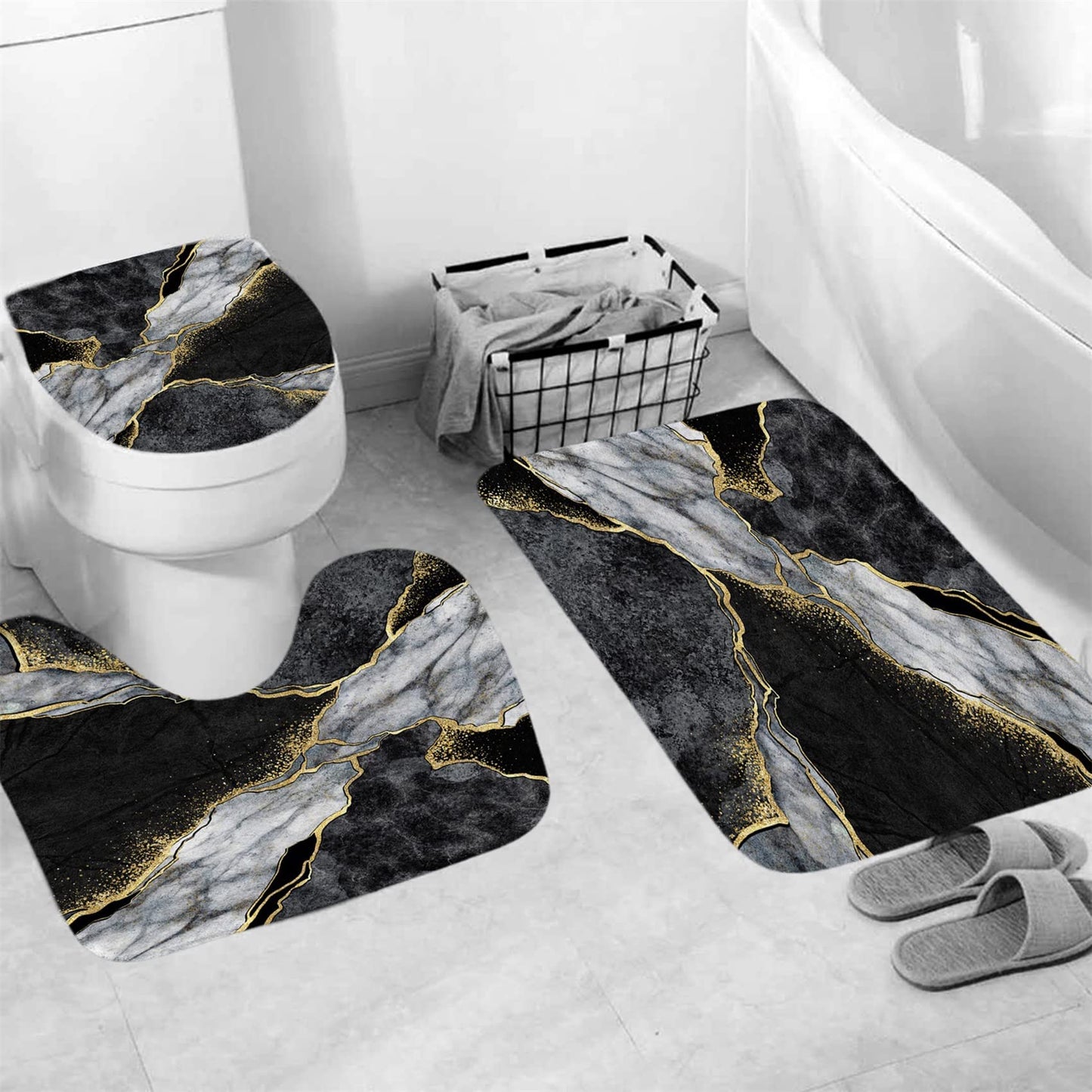 4 Pcs Marble Shower Curtain Sets, Gold Cracked Lines Crystal Geode Black Grey Bathroom Decor, Rug Toilet Lid Cover and Non-Slip U Shape Mat, Waterproof Polyester Shower Curtain with 12 Hooks, 72 x 72