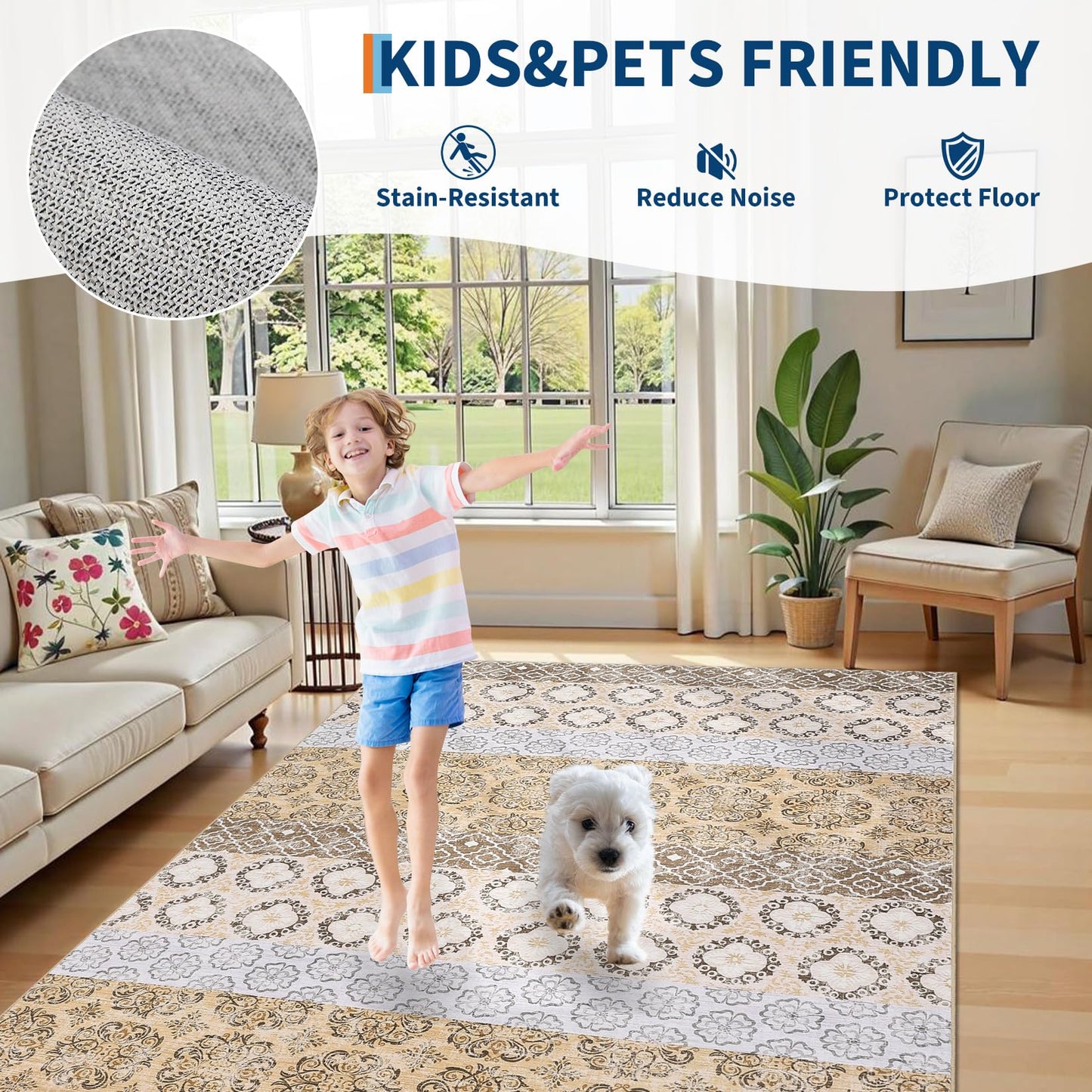 Garvee Washable Rugs 5x7 Dining Room Rugs for Under Table Modern Abstract Accent Rug Non Shedding Low Pile Foldable Carpet Non Slip Contemporary Mat for Bedroom, Nursery, Living Room, Office, Coffee