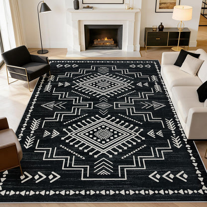 Joydeco Moroccan Black 8x10 Area Rugs for Living Room, Non-Slip Western Large Bedroom Dining Room Rug, Throw Stain Resistant Geometric Aztec Print Modern Soft Carpet for Playroom Office
