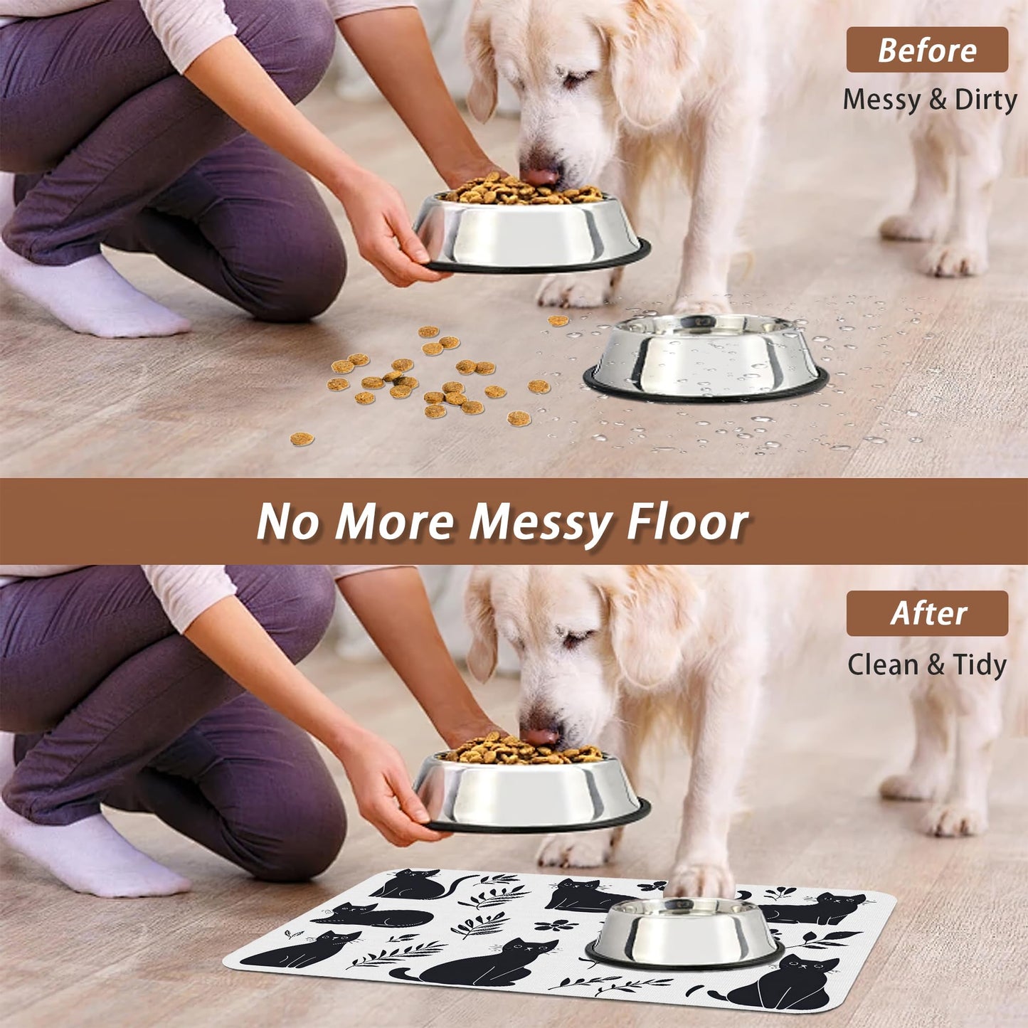 Cute Black Flower Dog Cat Food Mat,Absorbent Pet Feeding Mat with Rubber Backing,Non-Slip Water Bowl Placemat,Indoor Pet Accessories Supplies 12"x20"
