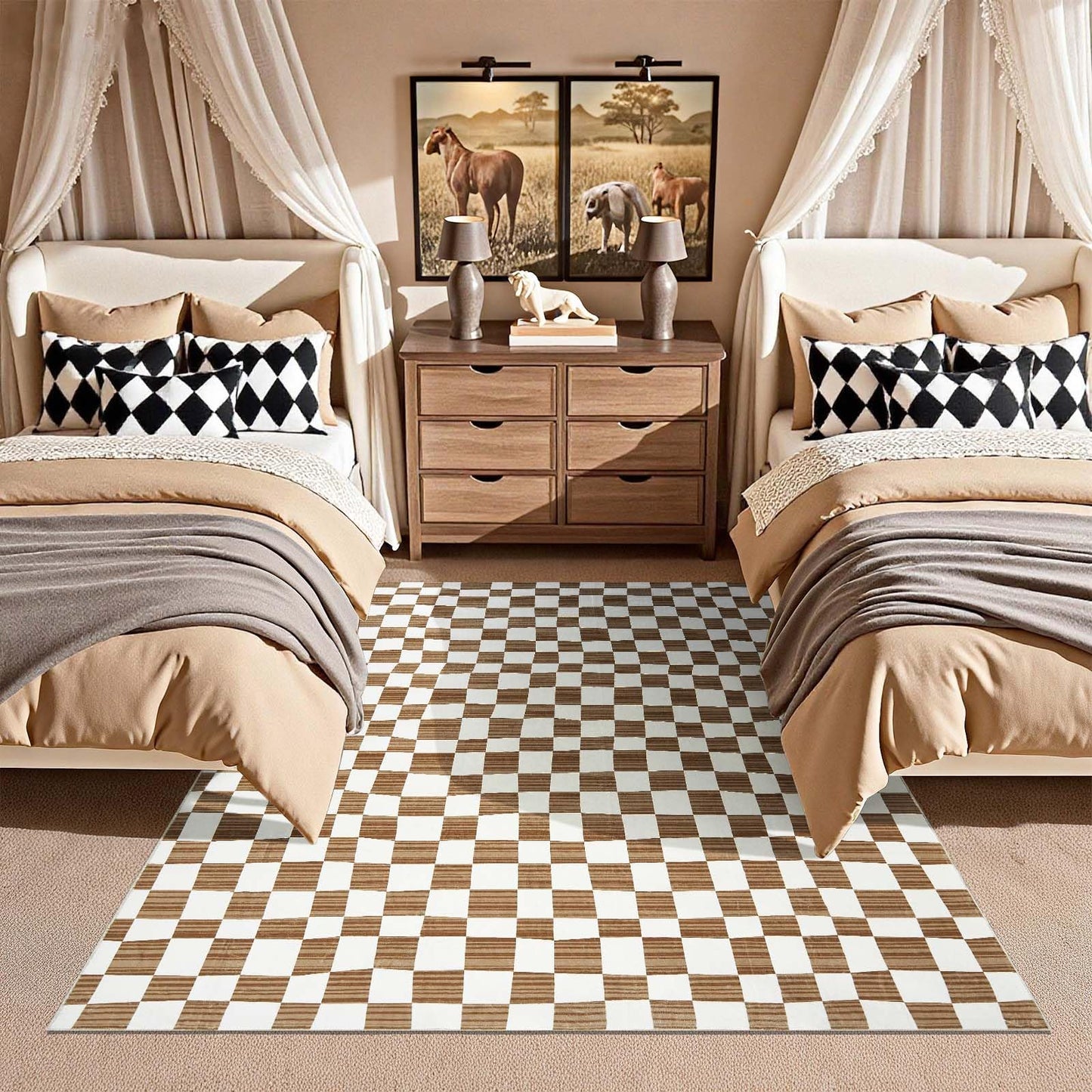 jinchan 5x7 Brown Checkered Area Rugs for Kids Room - Machine Washable Rug Modern Neutral Geometric Lattice Soft Non-Slip Carpet for Nursery Playroom Classroom Living Room Bedroom Home Office