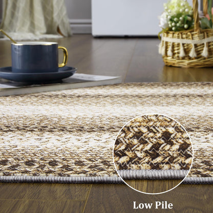 ROYHOME Living Room Area Rug 5x7 Modern Braided Print Area Rug Geometric Border Dining Room Throw Carpet Washable Carpet Rustic Large Boho Mat for Bedroom Nursery, Taupe