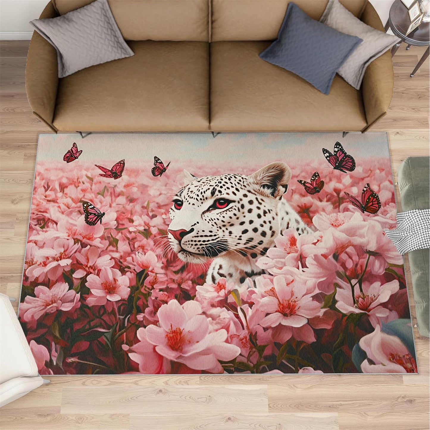White Leopard Area Rug 3x5ft Floral Rug, Pink Flower Rugs for Living Room, Machine Washable Rugs, Indoor Non-Slip Carpet for Bedroom Dorm Classroom Decor