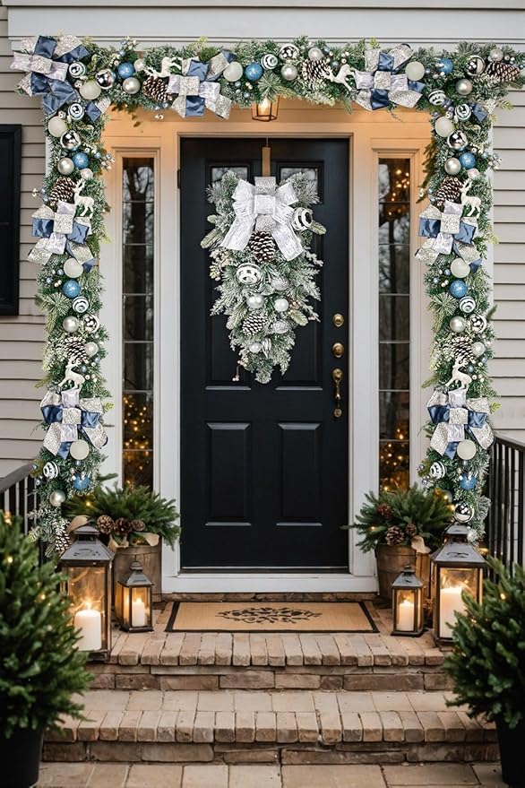 30" Christmas Teardrop Swag for Front Door Artificial Winter Swag Garland with Pine Cones, Berry Clusters, White Ball Ornaments and Ribbons for Thanksgiving Holiday Christmas Decoration