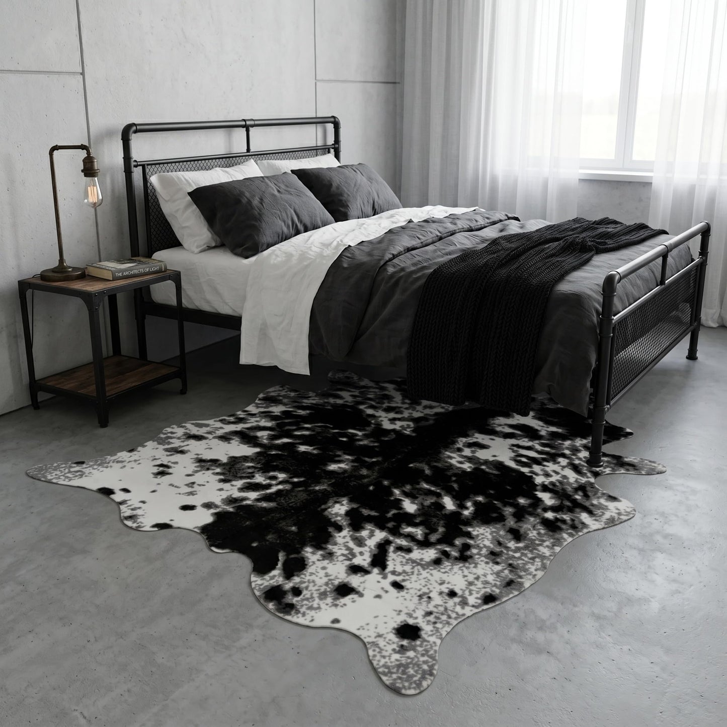 MustMat Faux Cowhide Print Rug, Modern Industrial Man Cave Decor 5'2"x6'7"