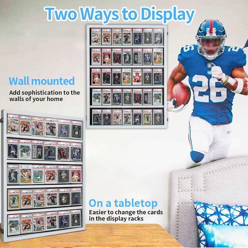 Wooden Sports Card Display Case - Lockable Plexiglass Frame with UV Protection | Holds 35 Graded Football, Baseball & Basketball Cards - White
