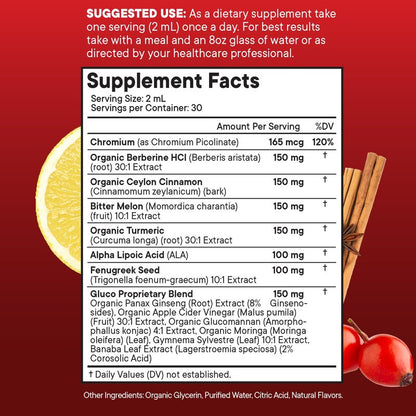 Berberine with Ceylon Cinnamon Supplement Liquid Drops + Bitter Melon Extract, Glucomannan, Gymnema, Chromium, Turmeric, Panax Ginseng, Moringa- 8 OZ