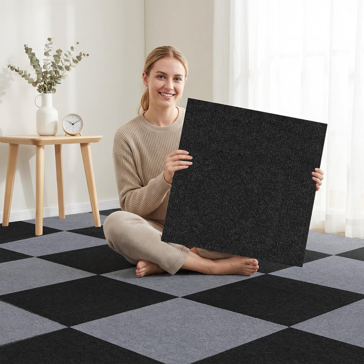 VeloflowXG 24" x 24"Peel and Stick Carpet Squares, Self Adhesive Non-Slip Carpet Tiles, Peel and Stick Soft Padded for Kitchen Bedrooms Indoor Outdoor(10 Tiles/40 sq ft) (10, Black)