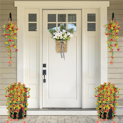 Artificial Flowers for Fall Decor, Artificial Hanging Flowers for Outdoors, 4pcs Realistic Faux Daisy Baskets Fake Plants for Autumn Thanksgiving Garden Front Porch Courtyard Patio (Orange Yellow)