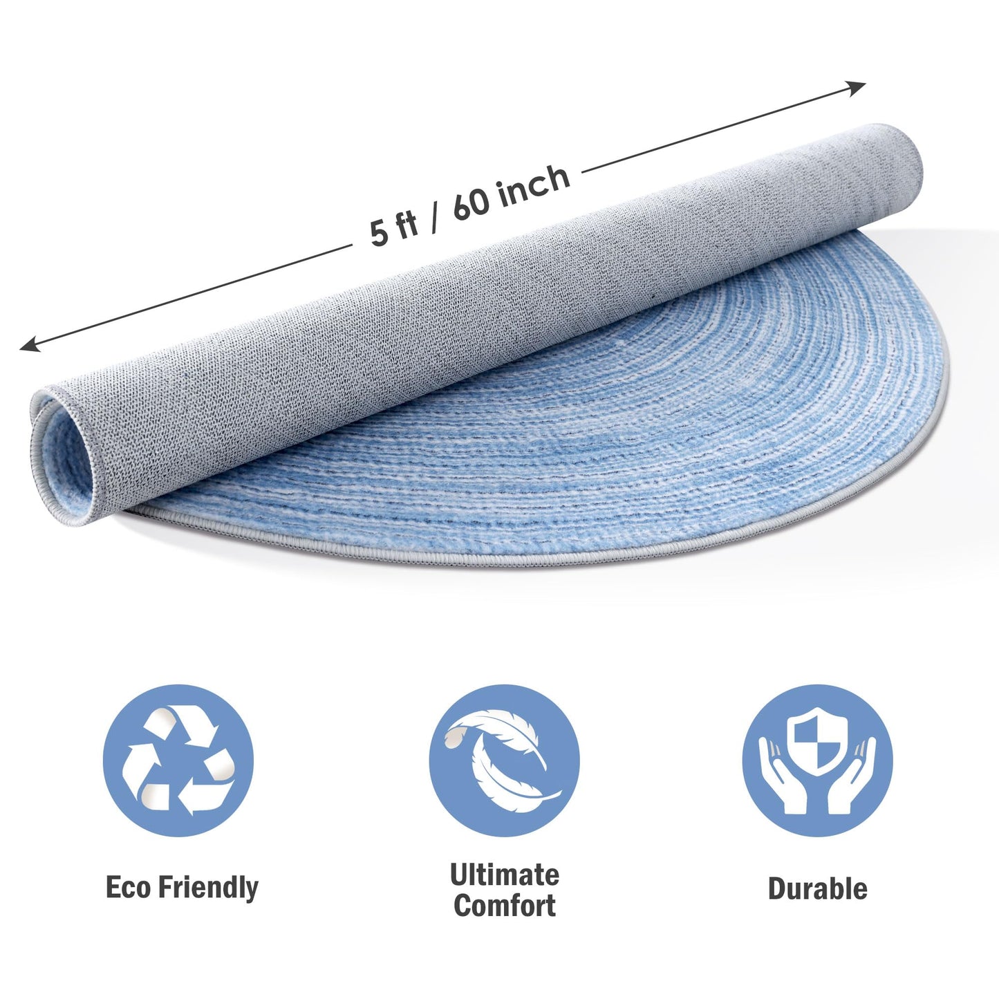 Carvapet Faux Jute Round Rug 5ft – Blue Jute-Like Pattern Design Washable Low Pile Area Rug with Non-Slip Rubber Backing, Soft Circle Carpet for Living Room Bedroom Nursery Bathroom