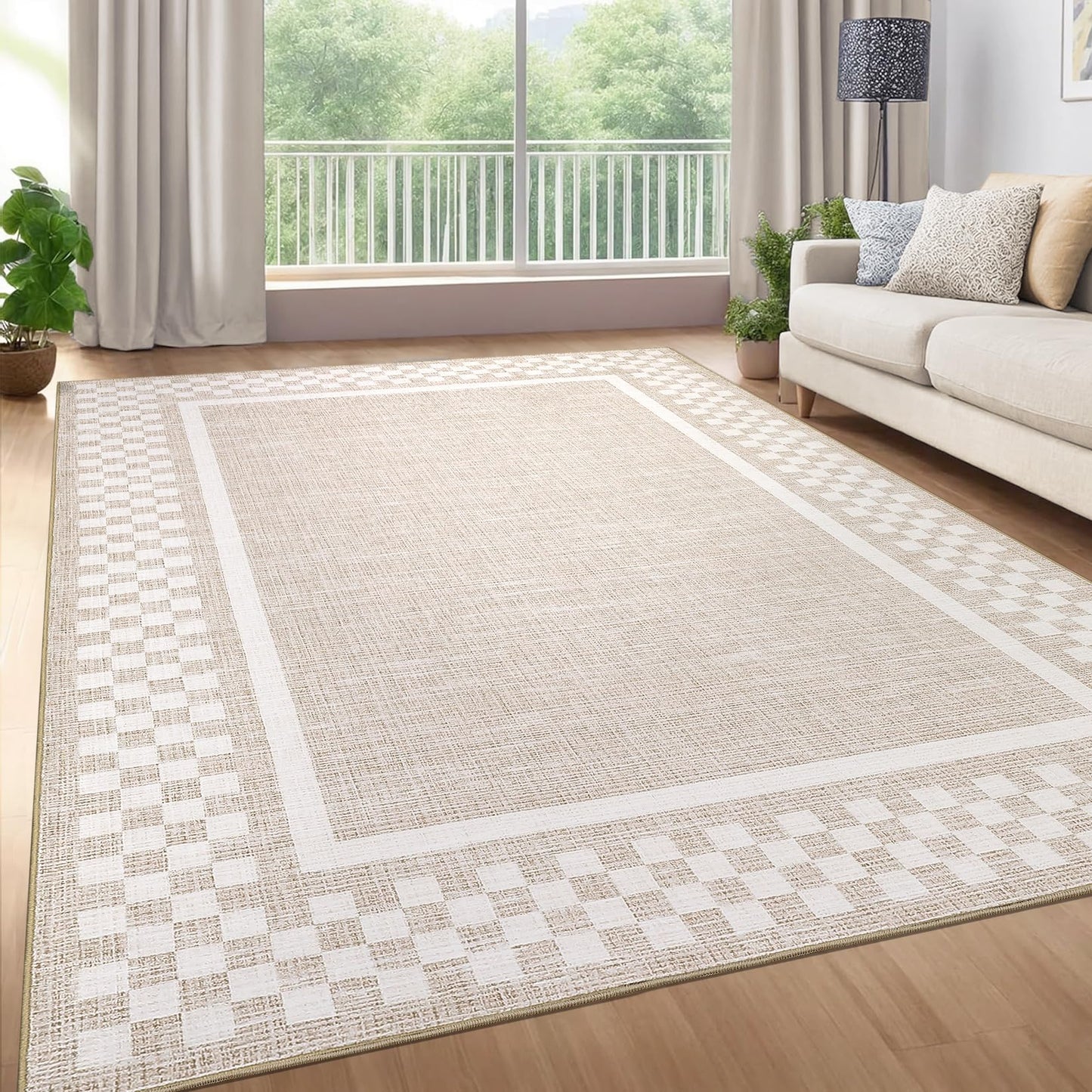 GarveeHome 5x7 Washable Area Rug for Bedroom Living Room Non Slip Modern Bordered Throw Rugs Low Pile Soft Checkered Dining Room Area Rugs Geometric Throw Carpet for Kitchen Nursery Office, Beige