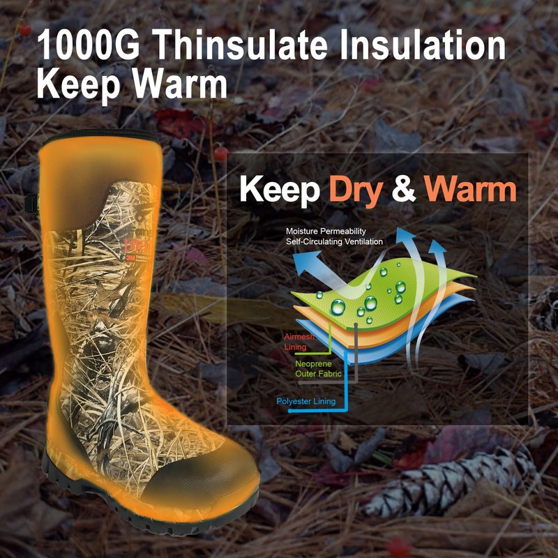 8 Fans Rubber Hunting Boots for Men, Waterproof Outdoor Boots, Insulated 1000G Thinsulate Warm, 5mm Neoprene Camo Boots, 17” Tall Shaft for Wet & Rough Terrain, Anti-Slip Sole for Hunting & Work