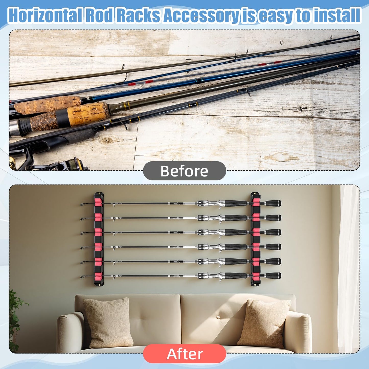 Teyva Daily 3 Set Fishing Rod Holders for 18 Garage Fishing Rod Rack Wall Mount Fish Pole Holders for Boat Room Vertical Horizontal Pole Storage Boat Accessories Gifts for Men (Horizontal)