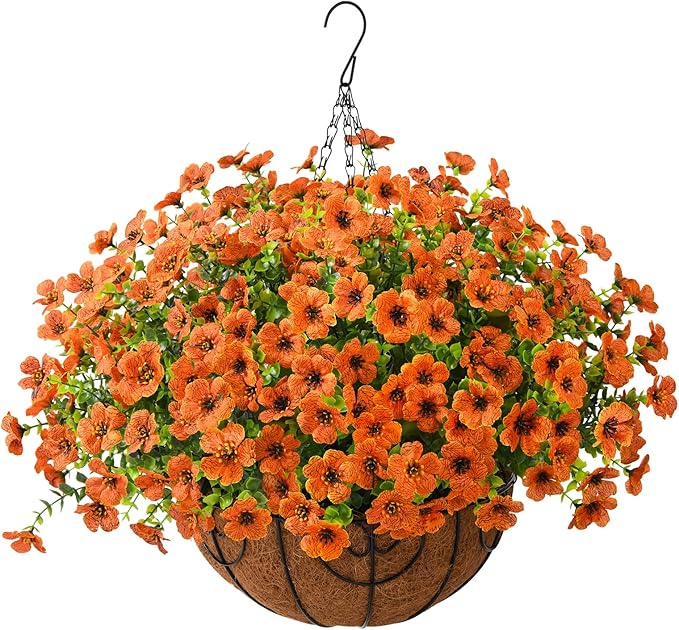 Artificial Faux Hanging Plants Flowers Basket for Fall Outdoor Decoration, Fake Silk Daisy in Planter Realistic UV Resistant Look Real for Porch Home Patio Balcony Yard(Orange)