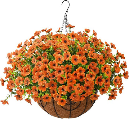 Artificial Faux Hanging Plants Flowers Basket for Fall Outdoor Decoration, Fake Silk Daisy in Planter Realistic UV Resistant Look Real for Porch Home Patio Balcony Yard(Orange)