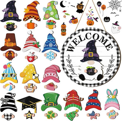 Qunclay Interchangeable Wooden Gnome Decor Holiday Seasonal Gnome Decorations with Magnet Pieces and Detachable Hats Changeable Welcome Sign for Home(Black and White Checkered Style)