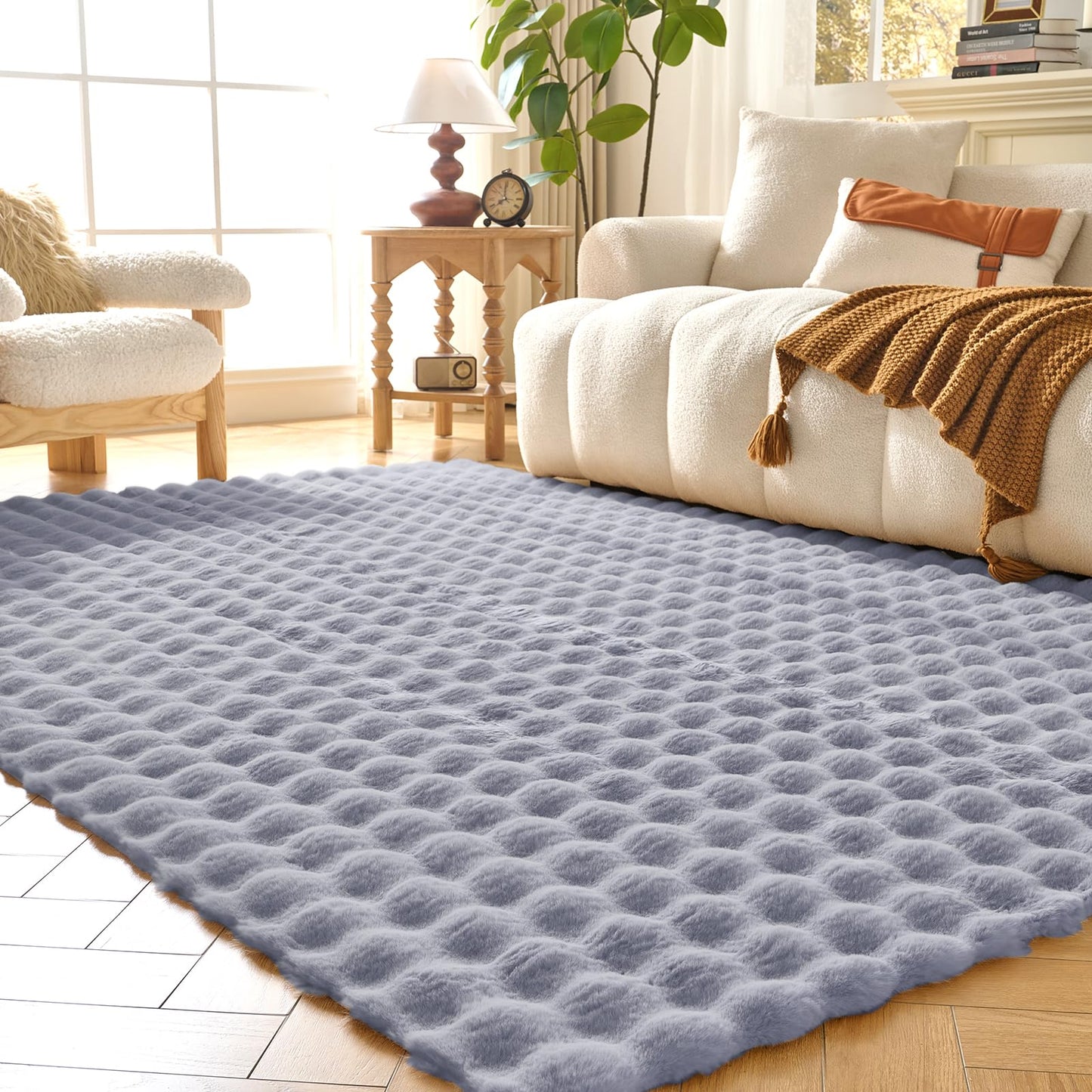 Lotus Karen Washable Area Rug, 3D Bubble Rug for Living Room, Bedroom, Faux Fur Carpet for Home Decor,4' W × 6' L, Light Grey