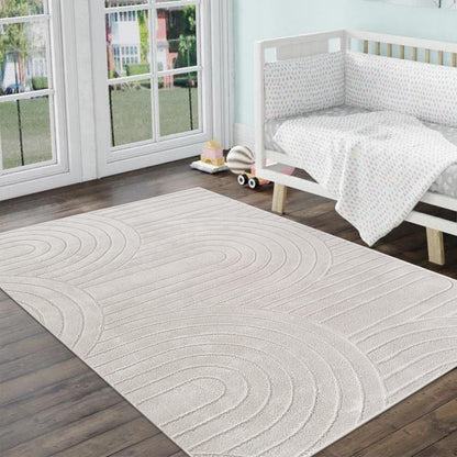Lacomfy Soft Cozy Fluffy Arch Pattern Area Rug High-Low Pile Living Room Rug Modern Minimalist Throw Carpet - Nonslip, Washable, Soft Bedroom Rug (Stripe,Cream,4x5.3)