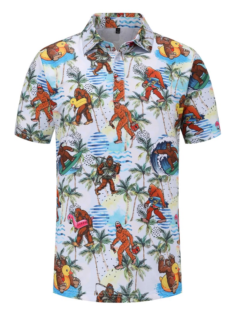 Men's Golf Polo Shirts Funny Golf Shirts for Men Performance Moisture Wicking Quick Dry Athletic Short Sleeve Shirts Hawaiian Tropical Beach Vacation White