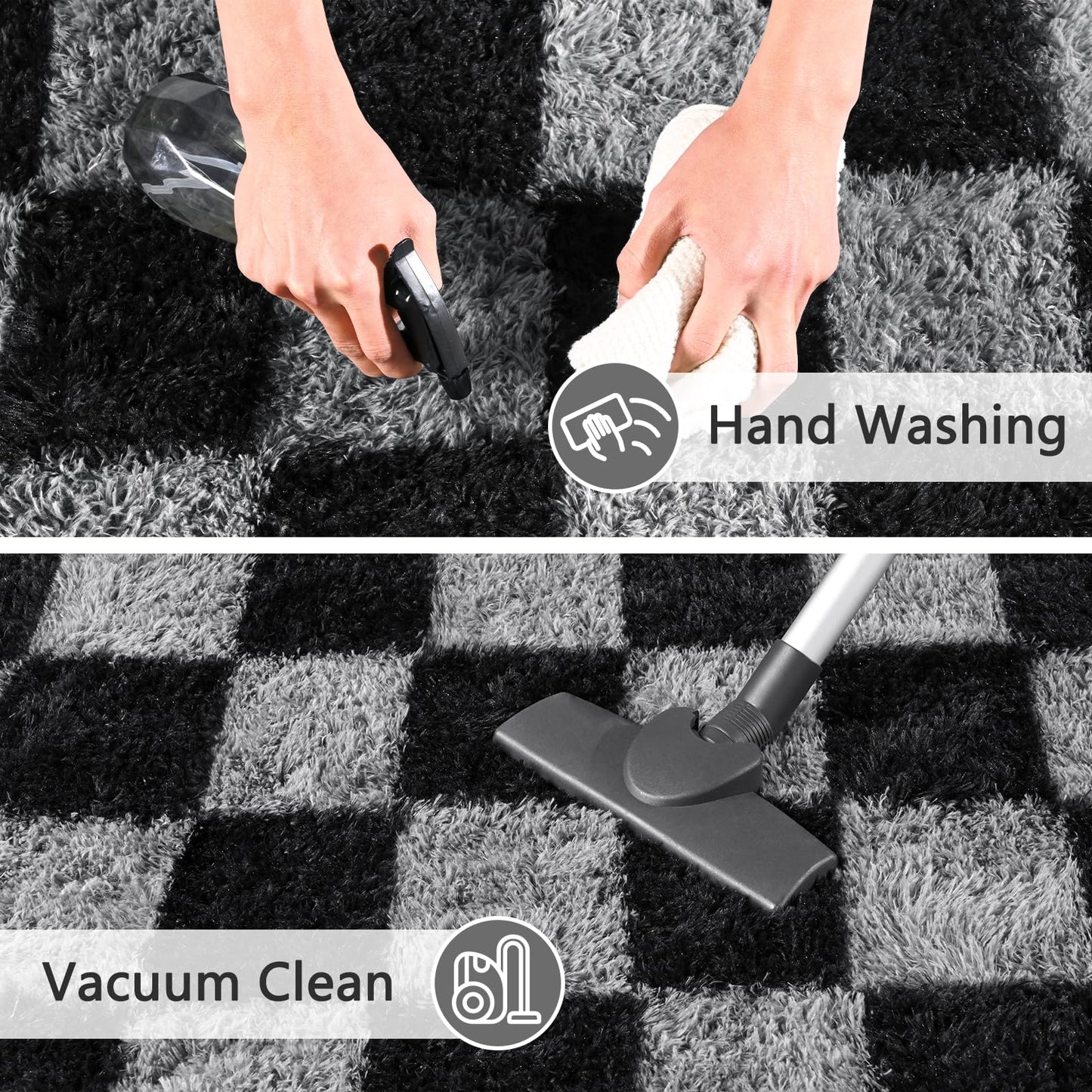 FALARK Rugs for Living Room Bedroom, 6x9 ft Black and Grey Checkered Area Rug, Fluffy Soft Washable Carpet, Modern Non-Slip Shag Carpets for Dorm Home Decor Aesthetic, Nursery, Playroom