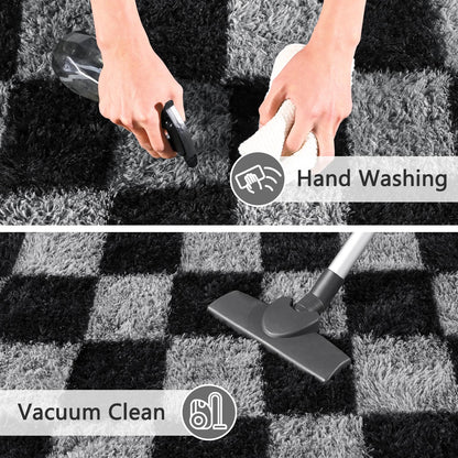 FALARK Rugs for Living Room Bedroom, 6x9 ft Black and Grey Checkered Area Rug, Fluffy Soft Washable Carpet, Modern Non-Slip Shag Carpets for Dorm Home Decor Aesthetic, Nursery, Playroom