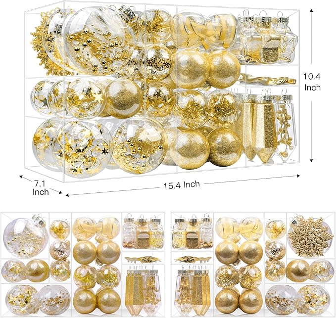 SHareconn 86PCS Christmas Balls Ornaments Set,Shatterproof Plastic Clear Decorative Baubles for Xmas Tree Decor Holiday Wedding Party Decoration, Glod