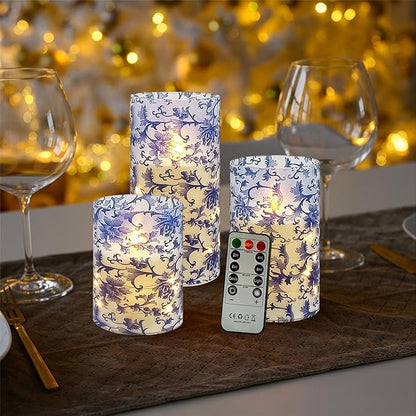 Printed Flameless Candles with String Lights - Set of 3 Blue and White Battery Operated Candle Flickering Floral LED Pillar Candles with Timer Remote for Home Decor Romantic Ambiance,BW
