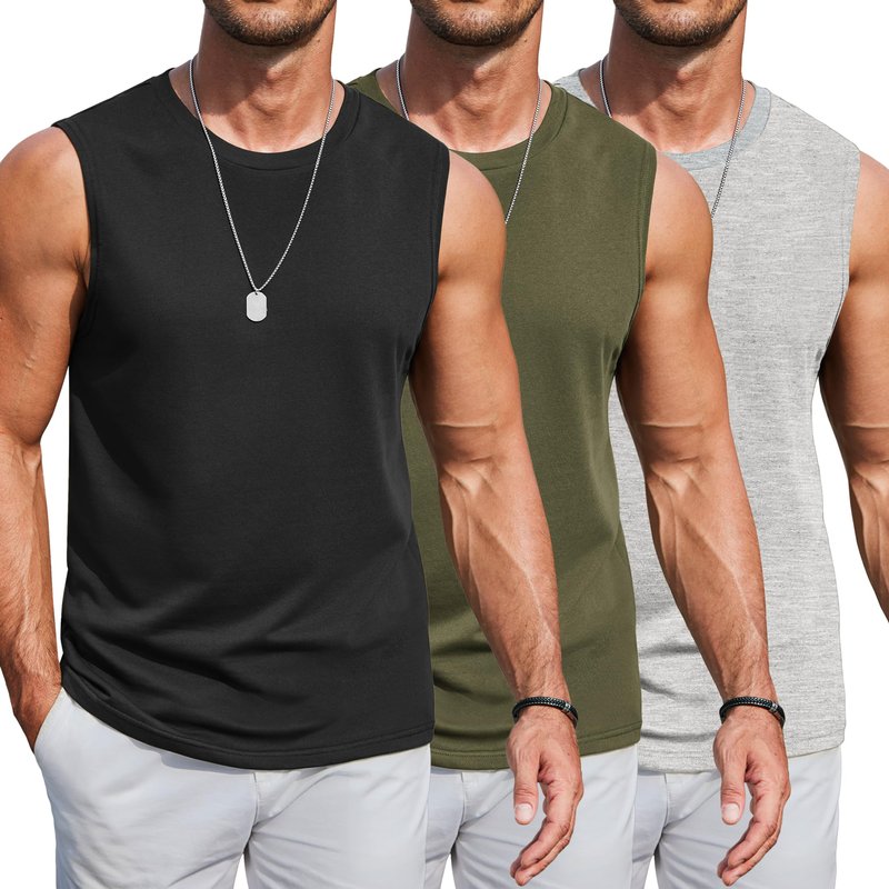 COOFANDY Sleeveless Workout Shirts for Men Cotton 3 Pack Summer Casual Tank Tops Plain Cut Off Muscle Tee Light Grey XL