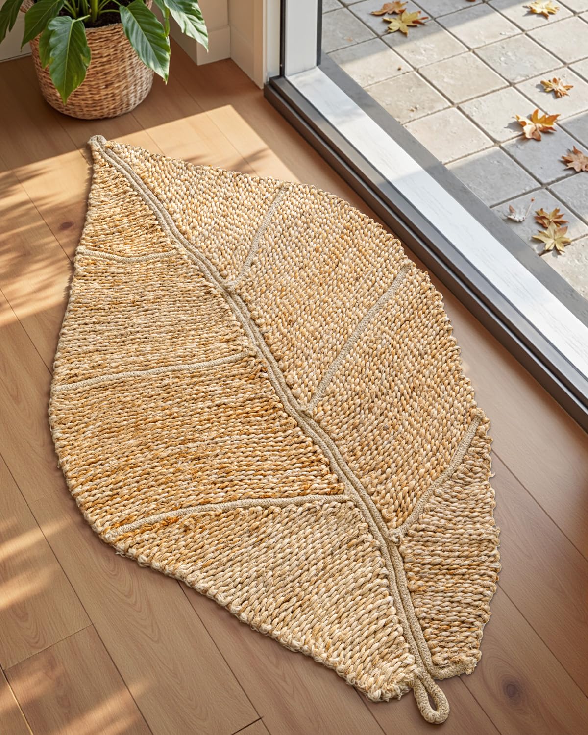 DEXI Jute Door Mat Inside Entryway Braided Woven, 32x20 Front Entrance Doormat Inside Leaf Shaped, Welcome Natural Fiber Entry Mats Farmhouse Home Decor, Beige