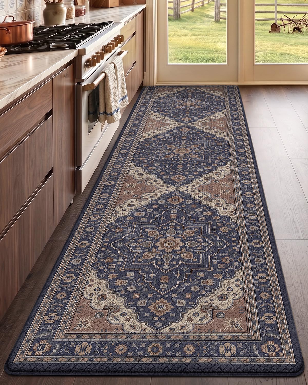 LUMI Kitchen Mat Anti Fatigue Cushioned, Memory Foam Padded Standing PVC Rug Washable, Non Slip Comfort Floor Runner for Home, Sink, Laundry, Office, 24"x87", Navy Taupe