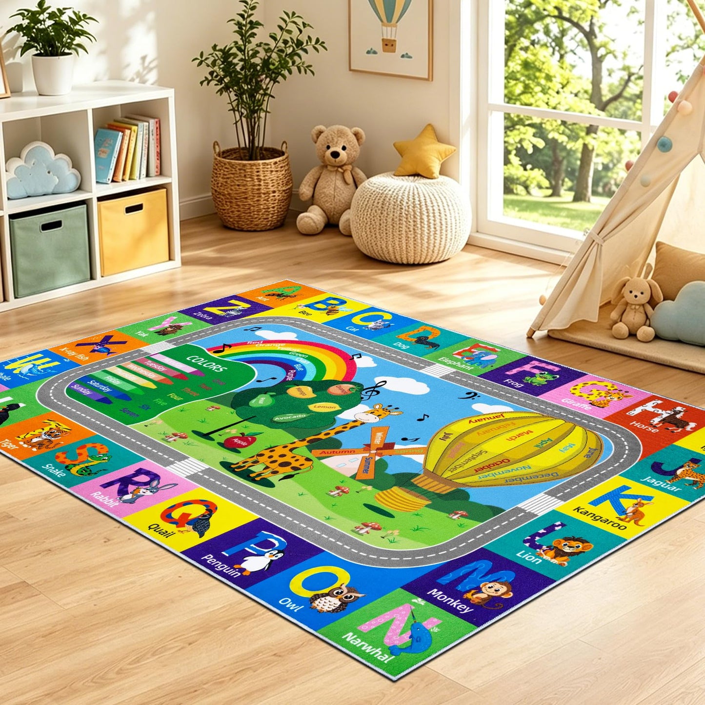 VSIWB Kids Rug for Playroom Educational ABC Rug Washable Play Mat Learning Alphabet Animals Numbers Non-Slip Soft Kids Carpet for Baby Toddler Classroom Nursery Bedroom Decor 3x5