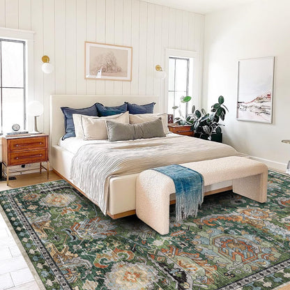 RUGSURE Washable Area Rugs - Perfect for Living Room, Bedroom, Kids Room, Nursery - Stain & Water Resistant Non-Slip, Pet & Child Friendly, Vintage Tribal Area Rugs (Green, 3' x 5 ')