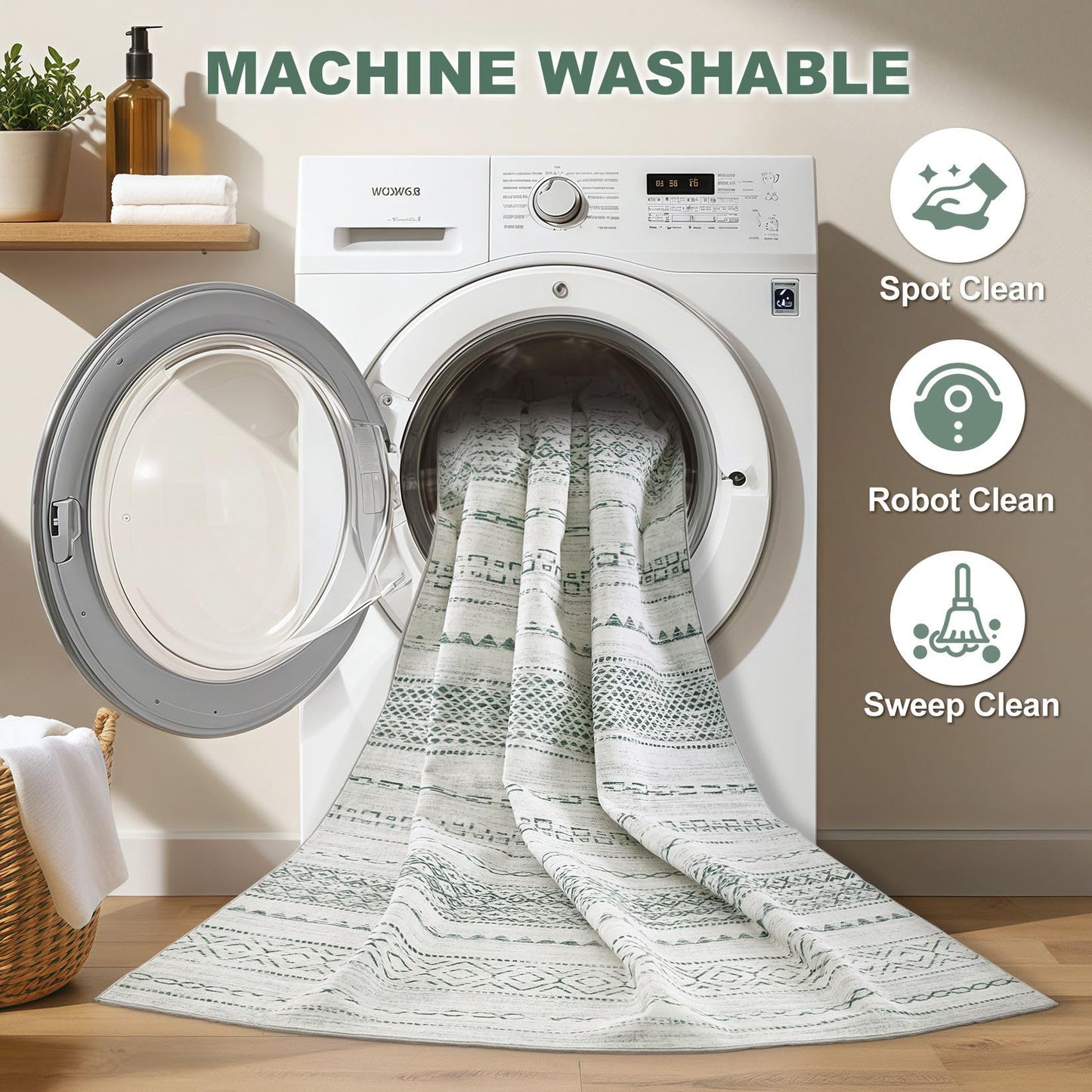 Nakagishi Green Rug Living Room 5x7: Washable Boho Large Neutral Farmhouse Soft Area Rugs Modern Stain Resistant Moroccan Indoor Non Slip Floor Carpet for Bedroom Nursery Kids Playroom Office