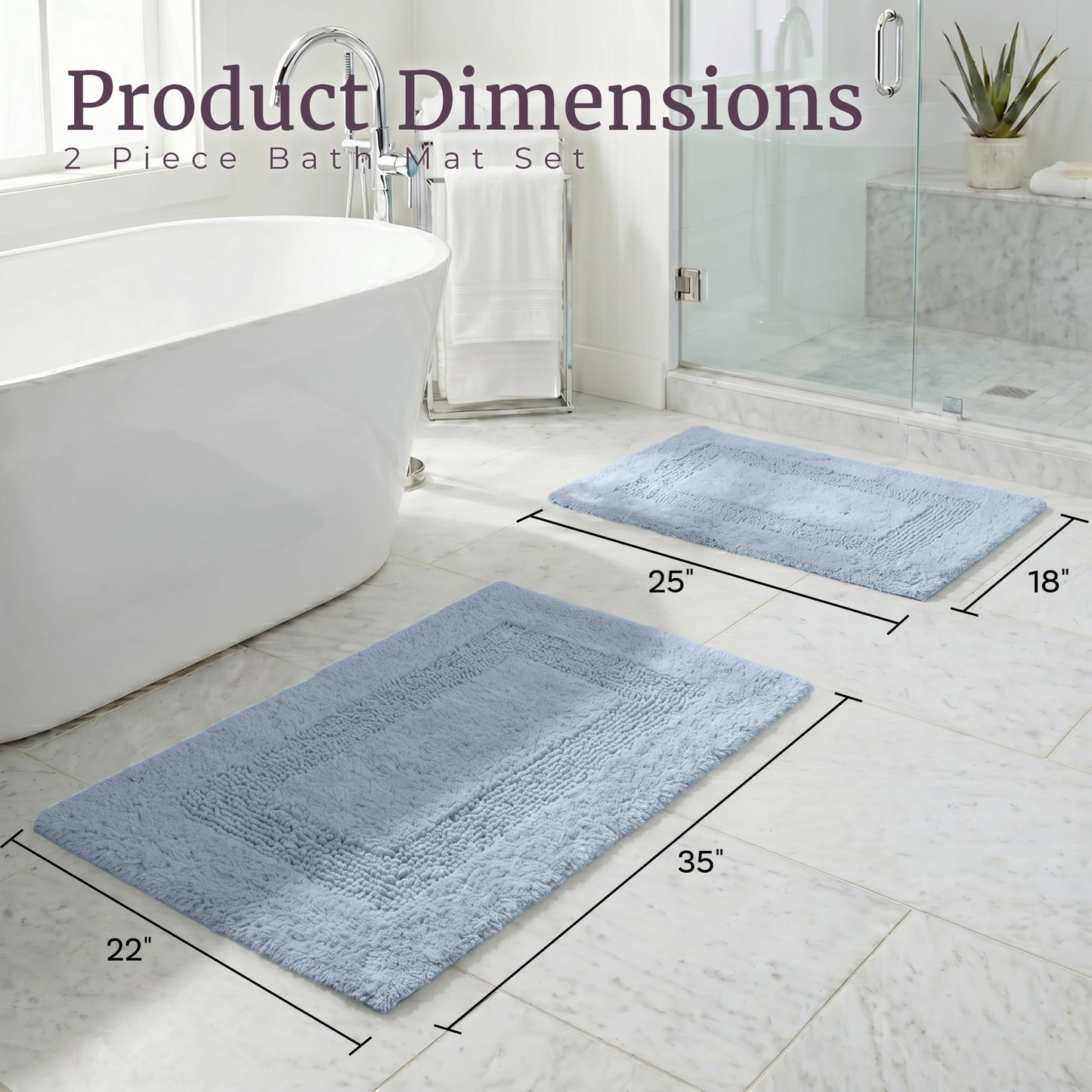 Cotton Bath Mat Set- 2 Piece 100 Percent Cotton Mats- Reversible, Soft, Absorbent and Machine Washable Bathroom Rugs By Lavish Home (Silver)
