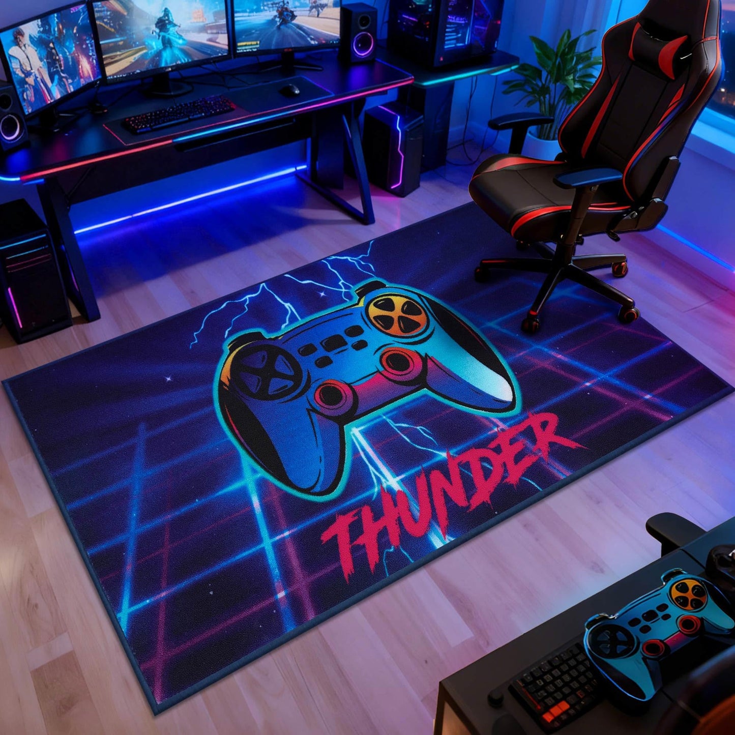 JSEI Gaming Rug for Kids Teens 32"x60", Video Game Kids Rug with Gamepad Controller Pattern, Non-Slip & Machine Washable Gaming Floor Carpet Mat for Playroom,Living Room&Bedroom, Blue
