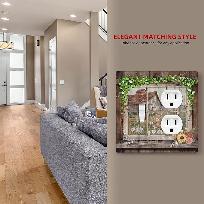Decorative Light Switch Cover Plate Farm Barn Farmhouse Rustic Country Flower 2 Gang Outlet Covers 1 Toggle 1 Duplex Wall Plate Decorate Electrical Switch Plate Covers for Bathroom Home