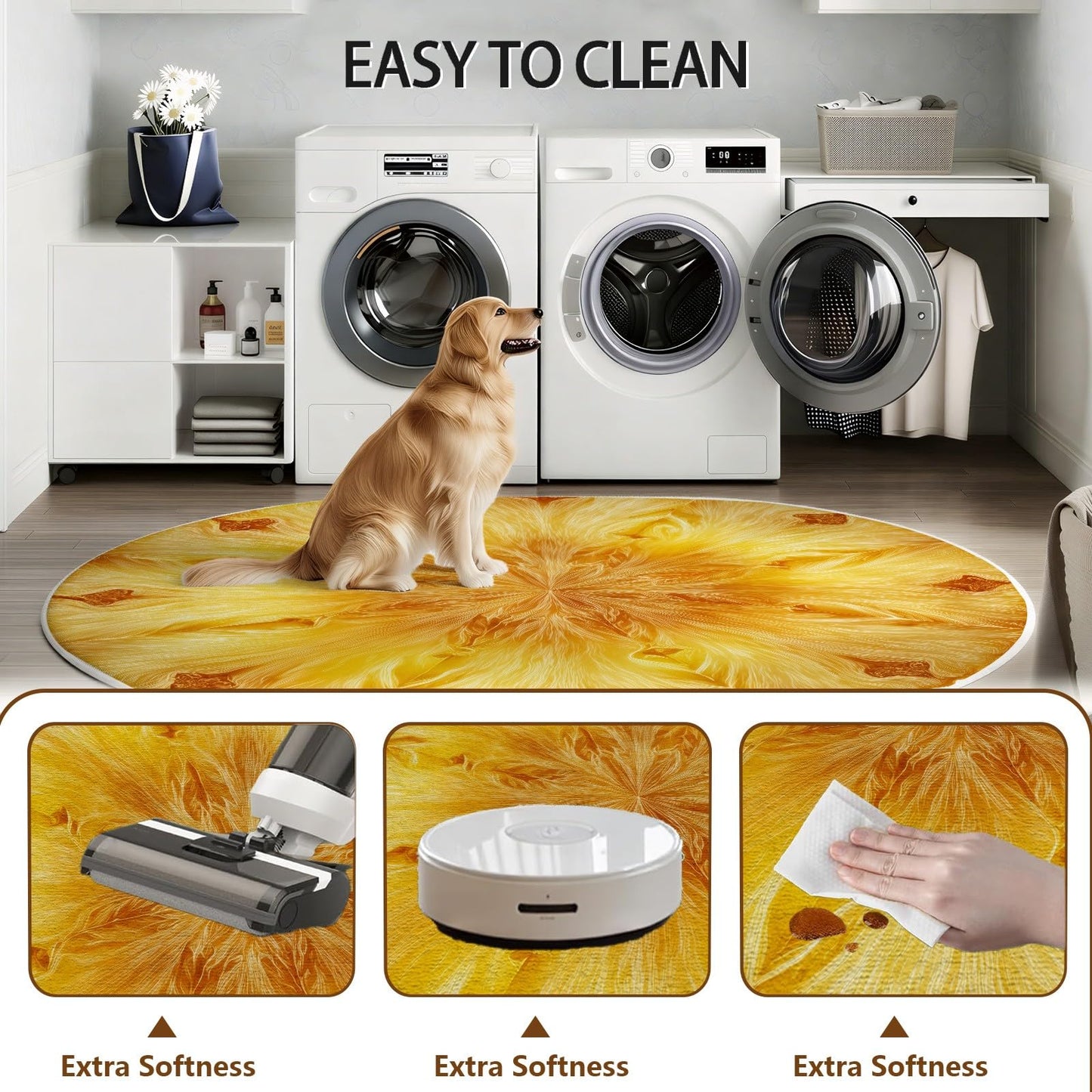 Round Rugs for Living Room, Bright Golden Yellow Circular Carpet with Abstract Sunburst Mandala Design, Washable Anti-Slip Soft Floor Mat, Indoor Home Decor Flower Rugs Under Coffee Table 4 ft
