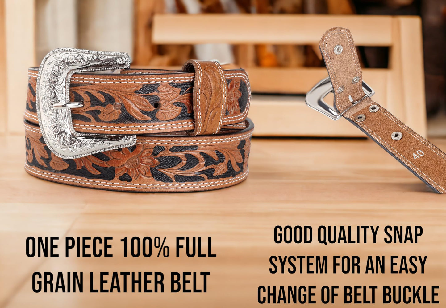 F&L CLASSIC mens Western full grain Leather belt Strap w/Snaps for Interchangeable Buckles, USA,7-941-04-size 36
