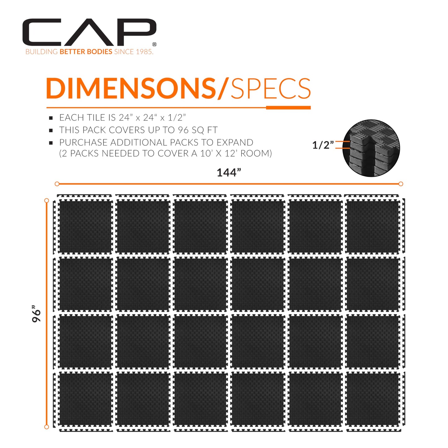 CAP Barbell 1/2-Inch Interlocking EVA Foam Exercise Puzzle Mat Home Gym Flooring - 4 Pack | 24" x 24" x 1/2" | Tatami Pattern - Black