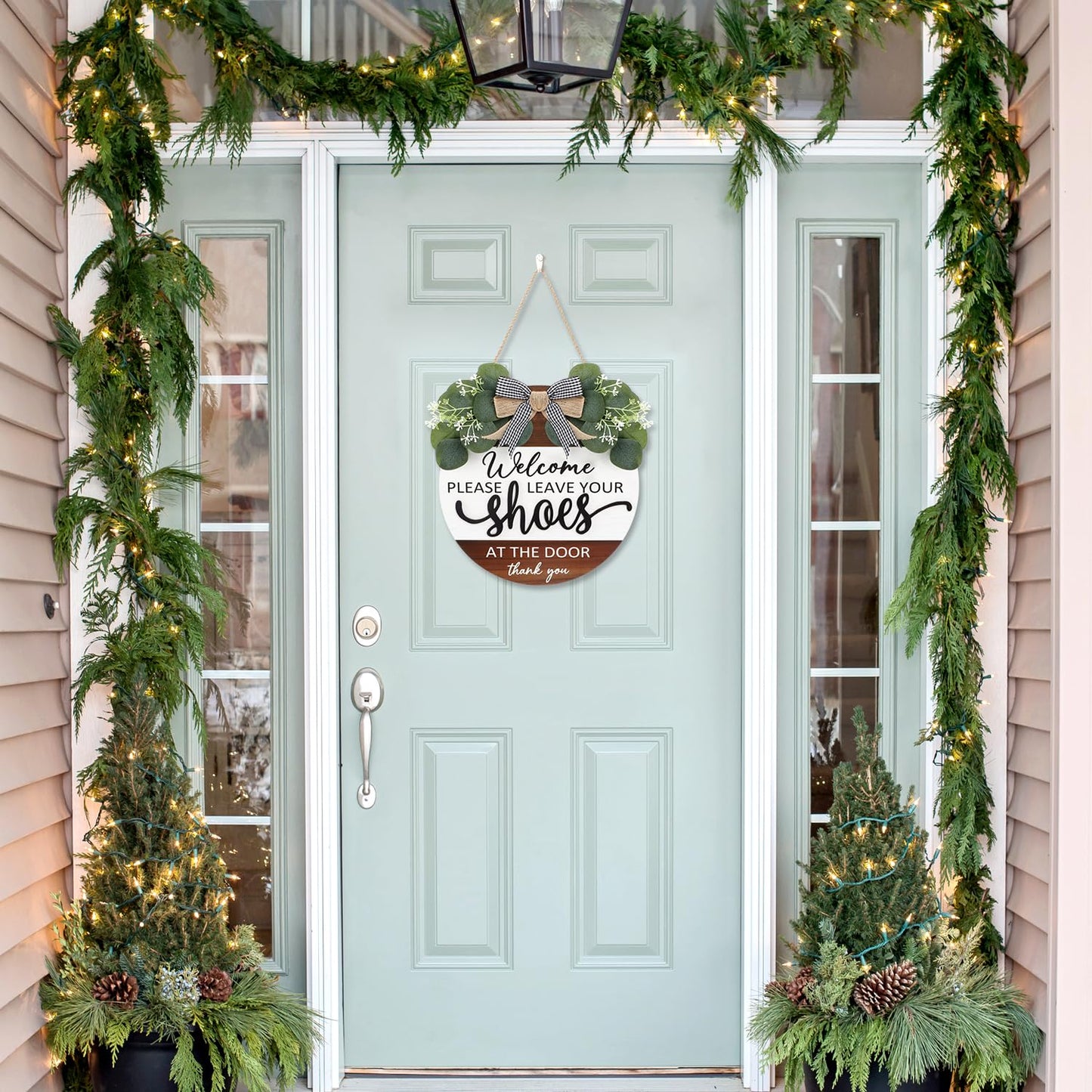 TOARTi 3D Welcome Wreath Bow-Knot Front Door Wood Sign Hanging, Please Leave Your Shoes Funny Sign Round Plaque, Shoes Off No Shoes Sign for Home Porch Entrance Decoration