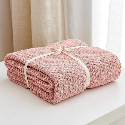 Longhui bedding Dusty Pink Knitted Throw Blanket for Couch, Soft, Cozy Machine Washable 100% Cotton Sofa Knit Blankets, 60 x 80 Inches Oversized, Pink and White Color, Laundry Bag Included