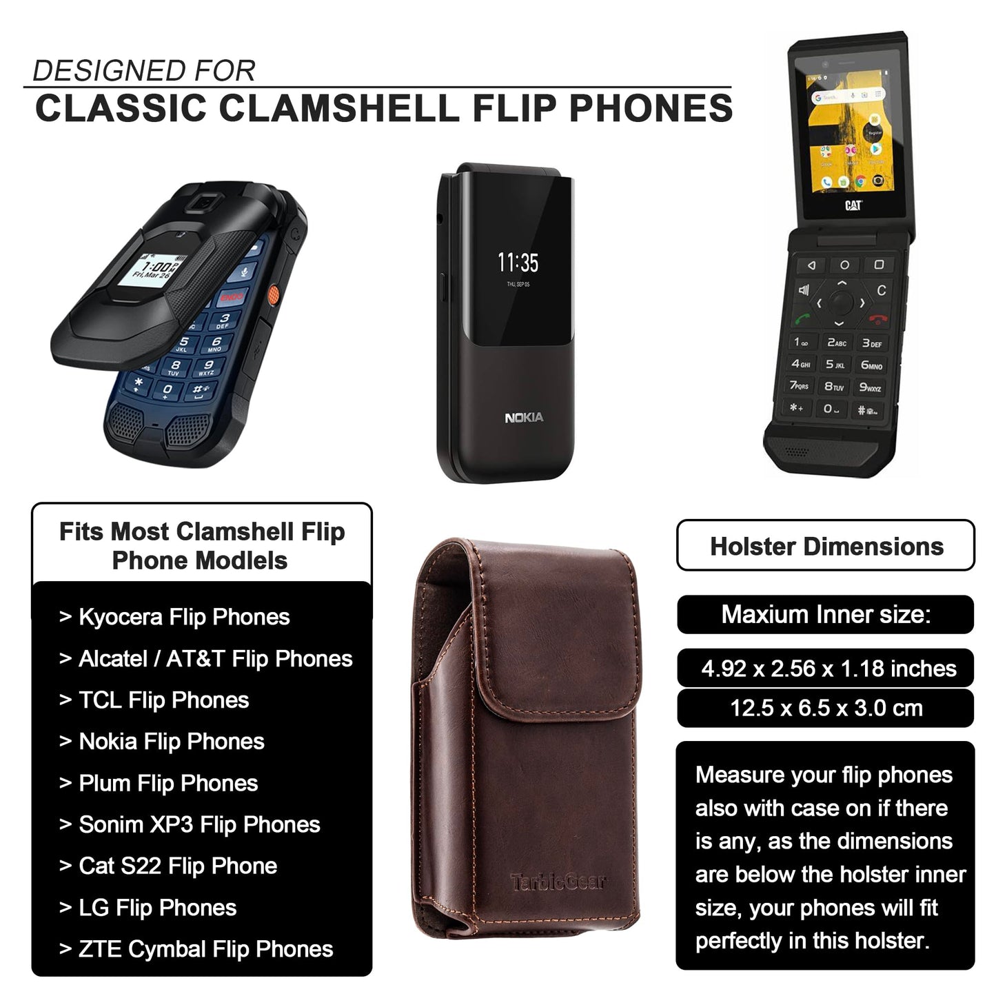 TarbicGear Leather Flip Phone Case with Belt Clip, Pouch for Kyocera & TCL Flip Phone Holster for Belt, Cat S22 Flip Case, Nokia Flip Phones, Sonim XP3 Plus Magnetic Phone Pouch, Brown Color