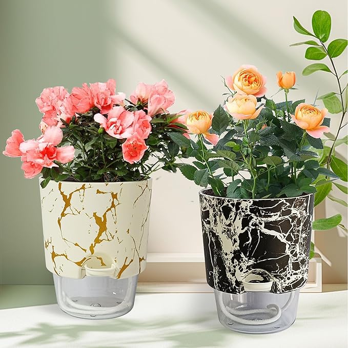 4.8 Inch Self Watering Pots for Indoor Plants 2 Pack, Plastic Modern Decorative Plant Pots with Transparent Water Reservoir, Outdoor Garden Flower Herb Succulent Pot, Marble Printed