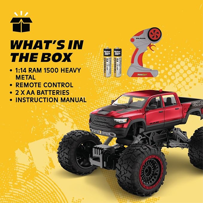 RC 4WD Heavy Metal RAM 1500 Pickup Truck – 1:14 Scale Officially Licensed Stamped Metal Body 4x4 All-Wheel Drive 2.4GHz Full-Function Remote Control Ready-to-Run USB Charging Red