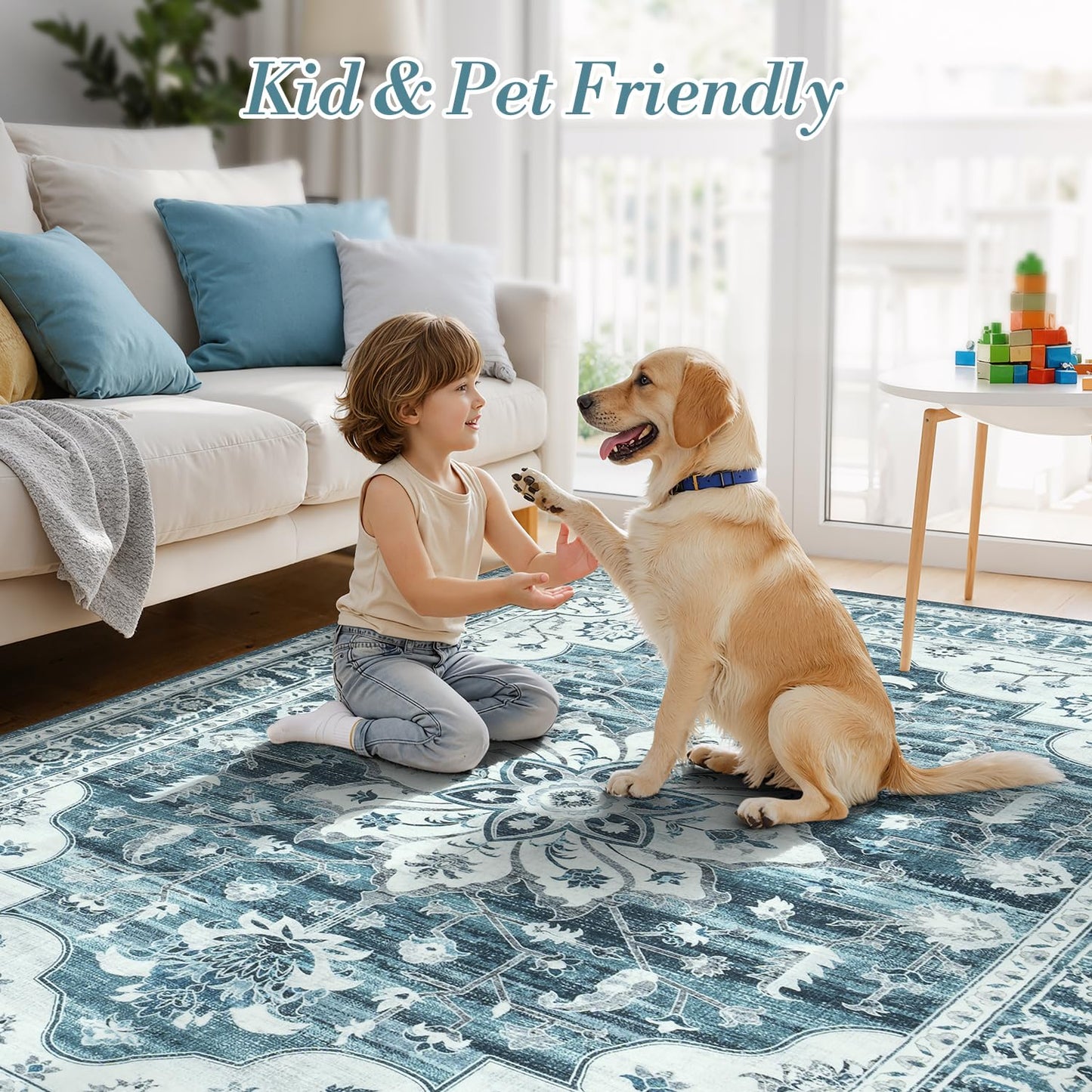 Vibrug 5x7 Coastal Blue White Area Rugs for Living Room - Vintage Boho Medallion Aesthetic Distressed Washable Rug, Soft Non-Slip Backing Low Pile Carpet for Office, Lounge, Bedroom Foot of Bed