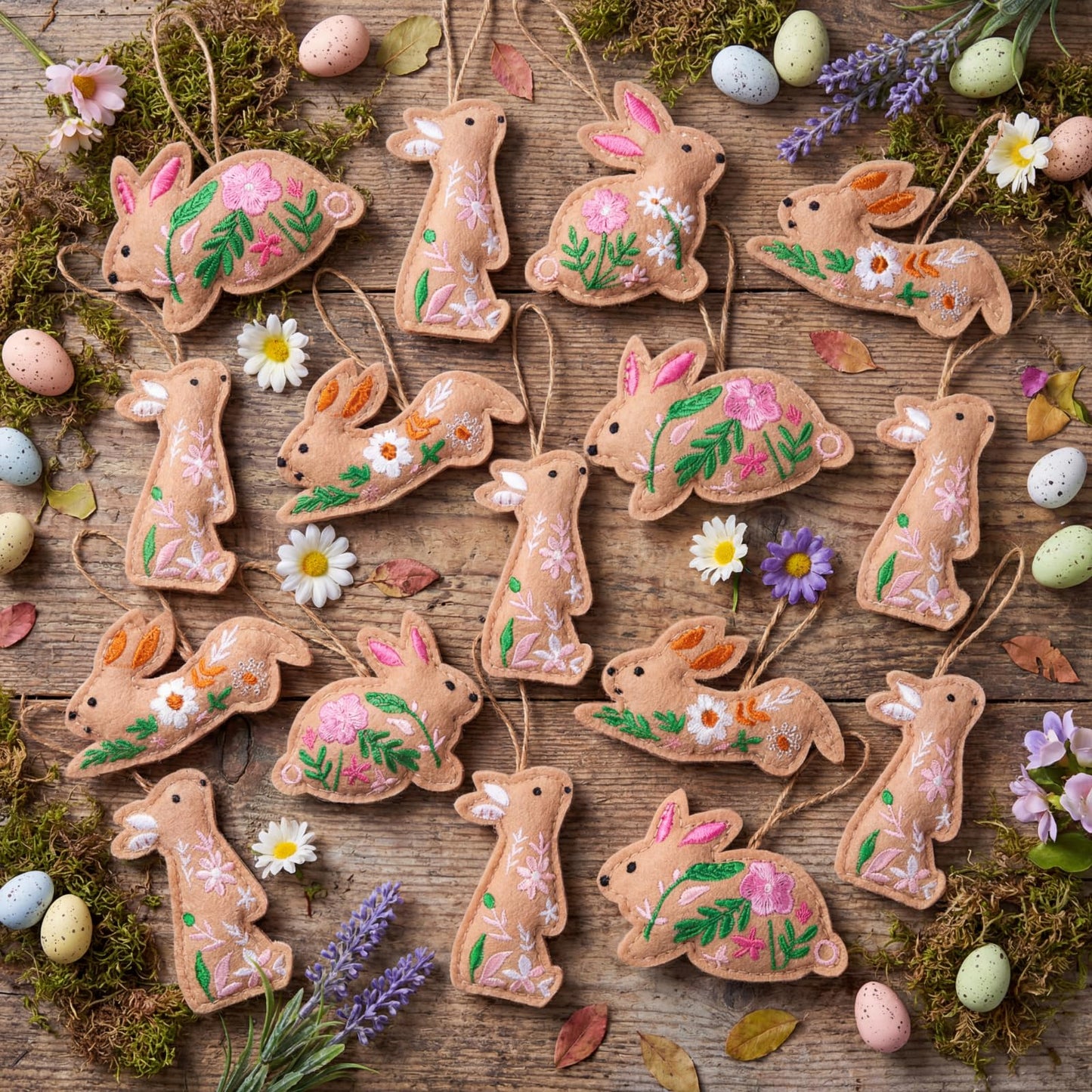HunnmingRe 12 Pcs Easter Bunny Ornaments Felt Embroidery Easter Hanging Tree Ornaments Handcrafted Bunny Rabbit Spring Tree Decorations for Spring Party Door Home Wall Mantel Decor Arts Crafts Gifts