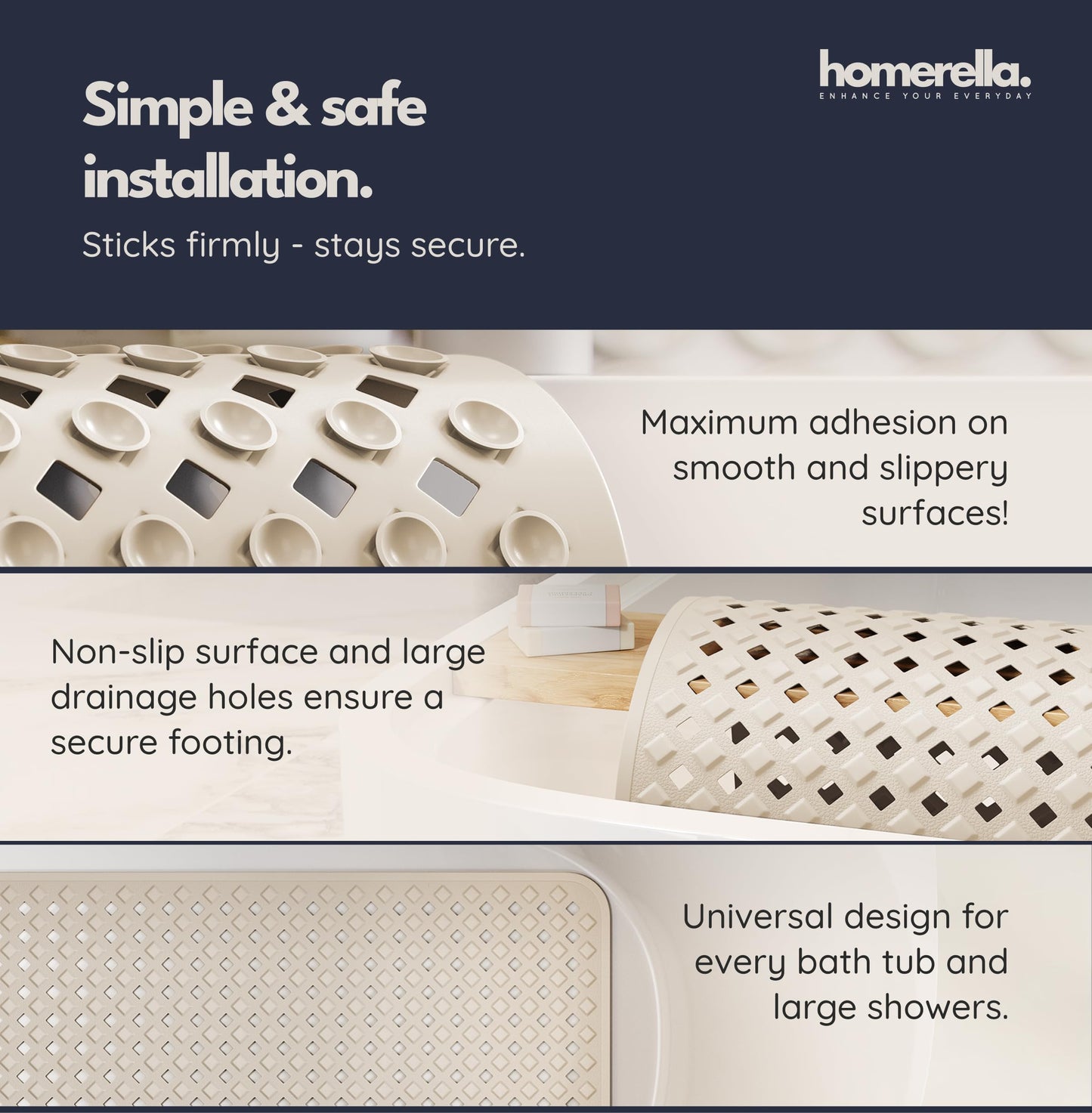 Bathtub Mat Non Slip 35x16 - homerella® Bath Mat Incl. Hooks for Drying, Extra Long, 100% BPA Free, Shower Mat Non Slip Anti Mold, Machine Washable, Shower Mats for Inside Shower Mildew Resistant